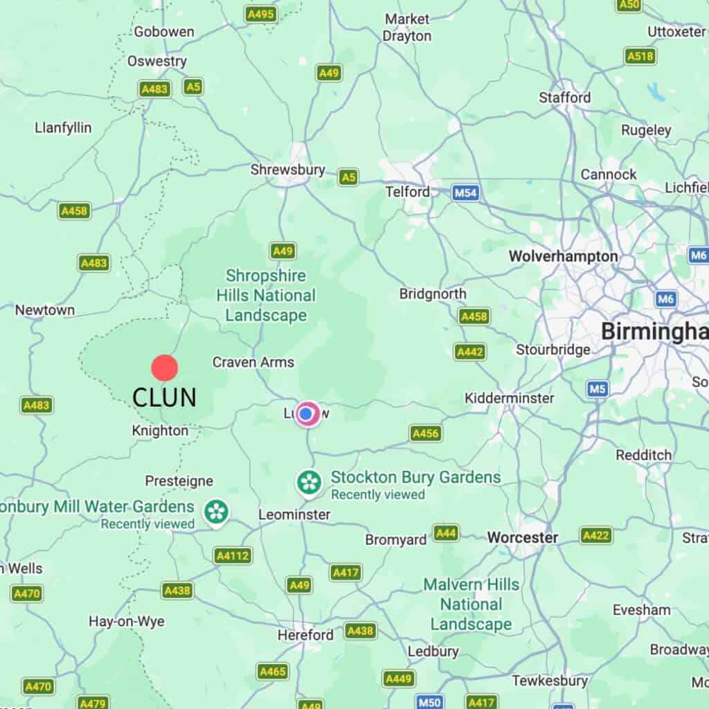 Map showing Dick Turpin Cottage near Clun in Shropshire, UK.