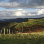 Lush green rolling hills in Shropshire under a cloudy sky.